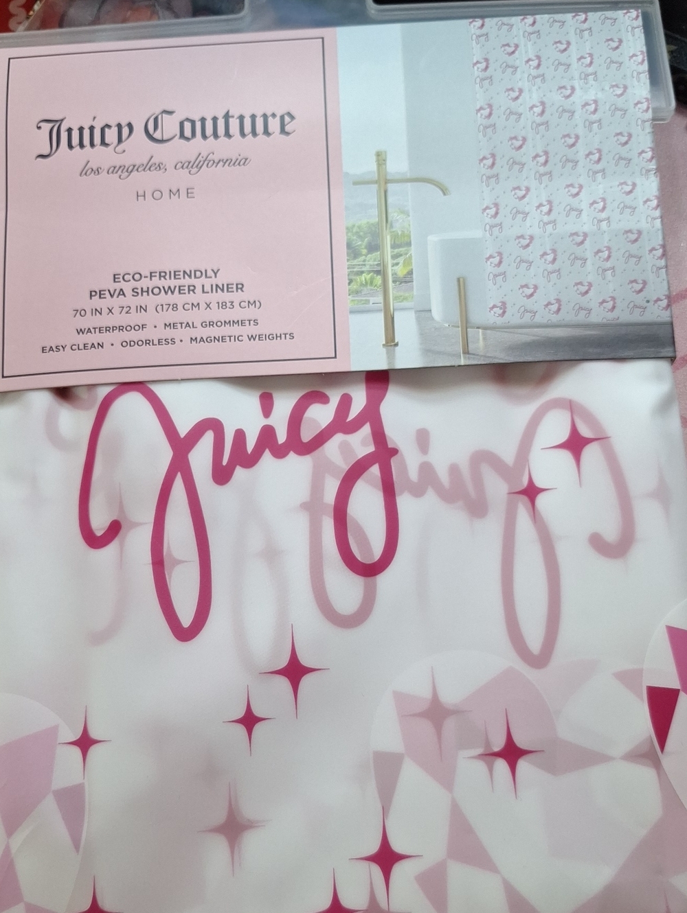 Juicy Couture White Shower Liner with Pink Script Logo